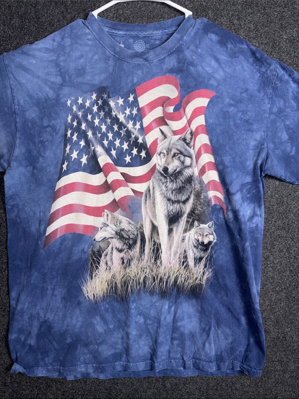 The Mountain Blue Tie-Dye Tee with Wolf Pack & American Flag